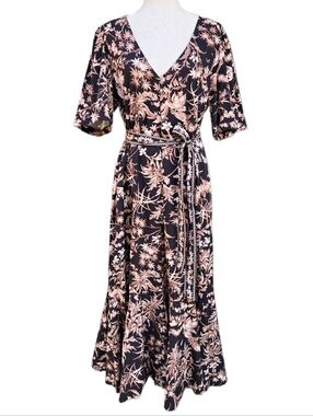 ​H&M Black Floral Palm Leaf Puff Sleeve Maxi Dress Tie Waist V-Neck Boho Large